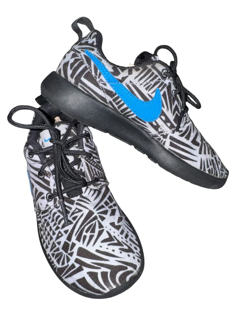 Nike Kids Black & White Geometric Sneakers with Blue Swoosh size 12c